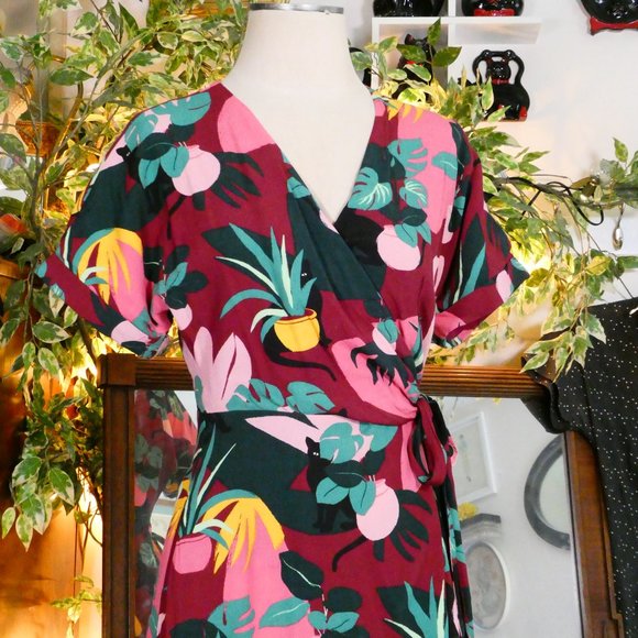 Emily and Fin 1950's Style House Plant & Hidden Cat Wrap Day Dress Sz XS - Picture 5 of 13